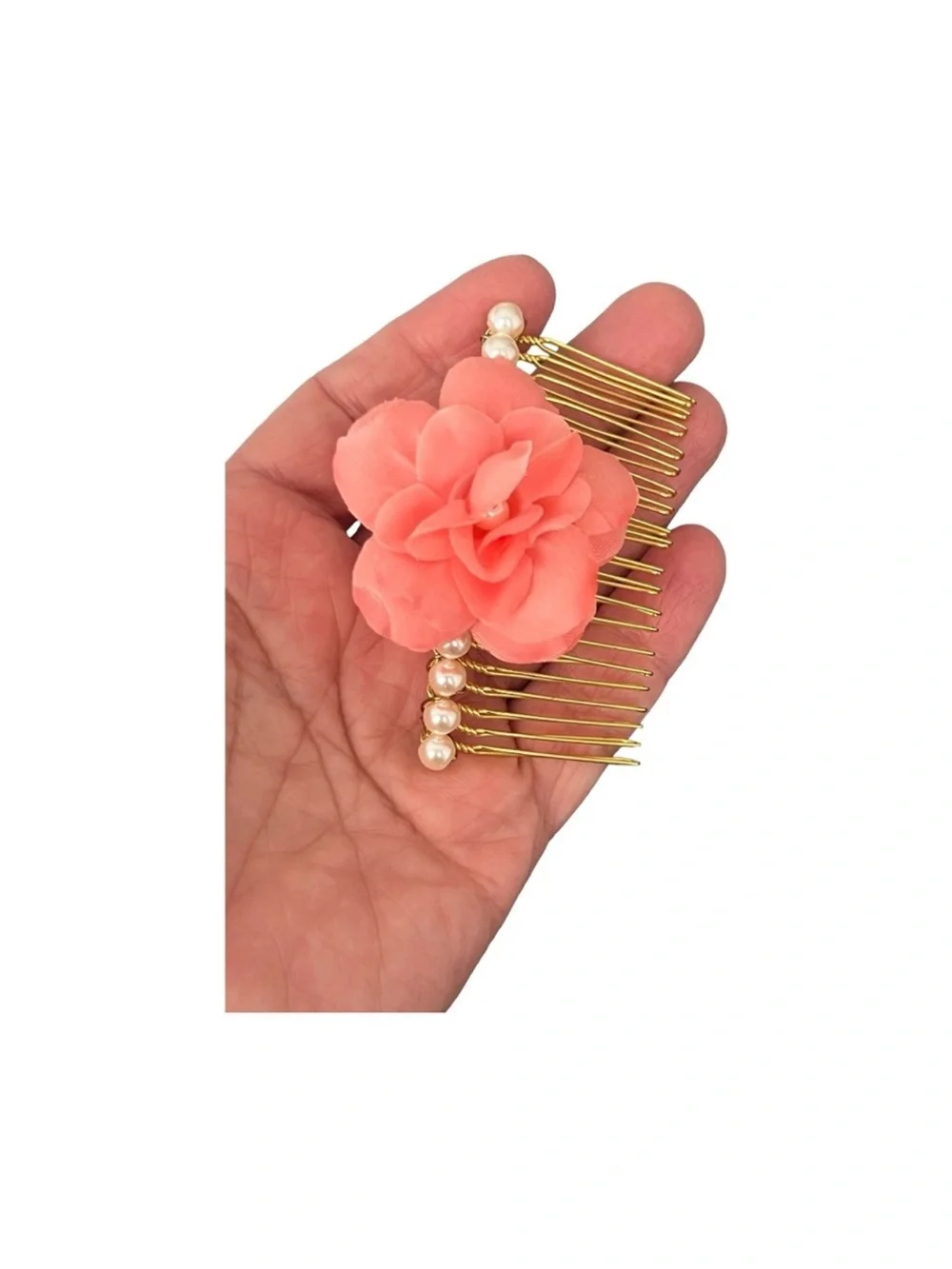Gold Hair Comb with Coral Fabric Flower and Pearls FINAL PRICE DROP